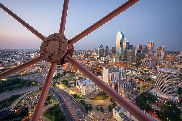 Dallas, Texas, USA downtown skyline at dusk viewed from above