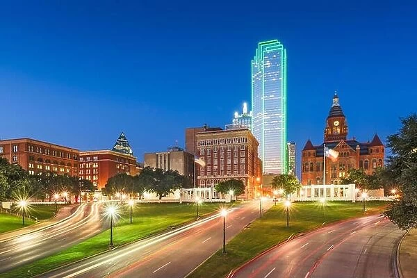 Dallas, Texas, USA skyline over Dealey Plaza at twilight