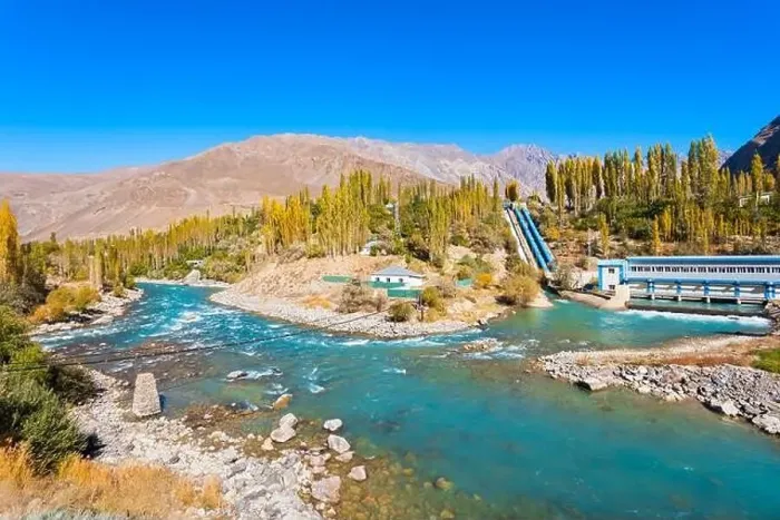Framed Print : Dam on the Ghunt river and Pamir mountains aerial panoramic view Framed Print : Dam on the Ghunt river and Pamir mountains aerial panoramic view