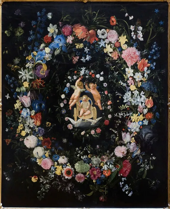 Framed Print : Daniel Seghers Domenico Zampieri the triumph of love around with flowers Paris - Louvre Museum Oil on canvas Framed Print : Daniel Seghers Domenico Zampieri the triumph of love around with flowers Paris - Louvre Museum Oil on canvas