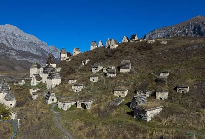 Framed Print : Dargavs, the medieval city of the dead in the mountains of the Caucasus. North Ossetia. Shot on a drone Framed Print : Dargavs, the medieval city of the dead in the mountains of the Caucasus. North Ossetia. Shot on a drone