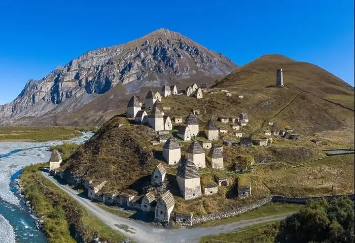Framed Print : Dargavs, the medieval city of the dead in the mountains of the Caucasus. North Ossetia. Shot on a drone Framed Print : Dargavs, the medieval city of the dead in the mountains of the Caucasus. North Ossetia. Shot on a drone