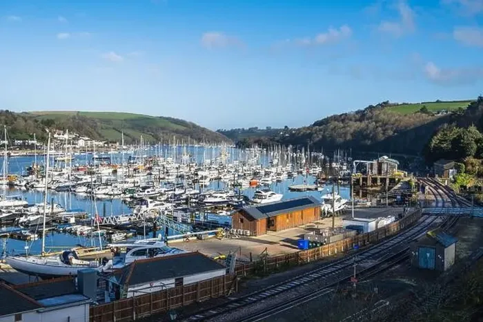 Framed Print : Darthaven Marina and Kingswear Railway Line over River Dart, Devon, England, Europe Framed Print : Darthaven Marina and Kingswear Railway Line over River Dart, Devon, England, Europe