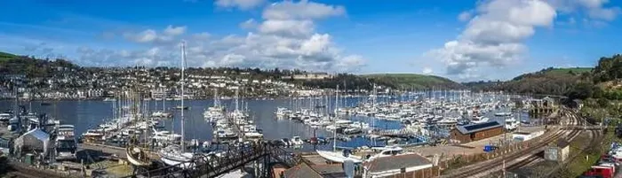Framed Print : Darthaven Marina and Kingswear Railway Line over River Dart, Devon, England, Europe