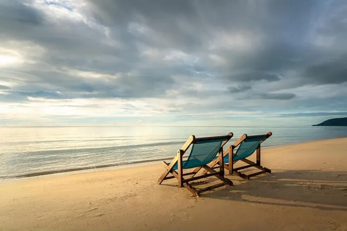 Framed Print : Two deckchairs on the beach at sunset with a tropical sea background. Travel and Vacation in Summer at sea Framed Print : Two deckchairs on the beach at sunset with a tropical sea background. Travel and Vacation in Summer at sea