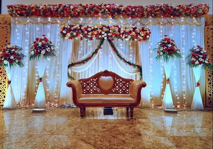 Framed Print : A decorated stage set for a wedding reception with curtains Framed Print : A decorated stage set for a wedding reception with curtains