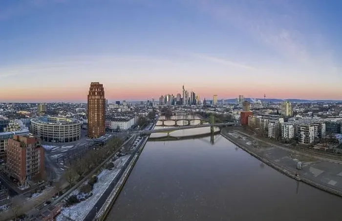 Framed Print : defaultAerial panoramic picture of Frankfurt skyline with river Main with colorful sky during sunrise in winter Framed Print : defaultAerial panoramic picture of Frankfurt skyline with river Main with colorful sky during sunrise in winter