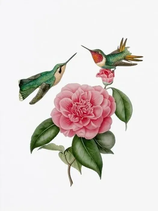 Framed Print : A delightful illustration featuring two hummingbirds on a camellia flower Framed Print : A delightful illustration featuring two hummingbirds on a camellia flower