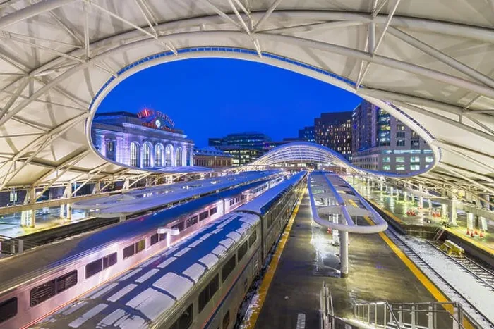 Framed Print : DENVER, COLORADO - MARCH 13, 2019: Trains out of service at Union Station after the Bomb Cyclone winter weather event. The central portion of the st Framed Print : DENVER, COLORADO - MARCH 13, 2019: Trains out of service at Union Station after the Bomb Cyclone winter weather event. The central portion of the st