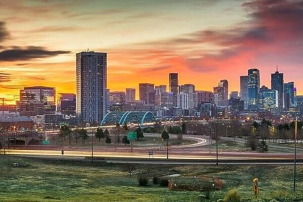 Denver, Colorado, USA downtown city skyline at dawn