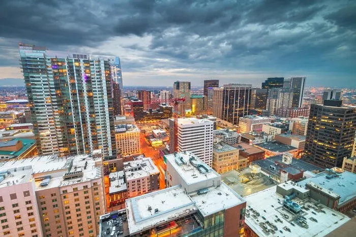 Framed Print : Denver, Colorado, USA downtown cityscape rooftop view at dusk