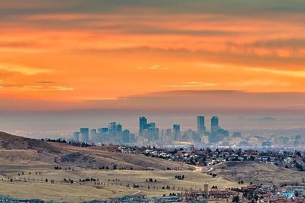 Denver, Colorado, USA downtown skyline viewed from Red Rocks at dawn