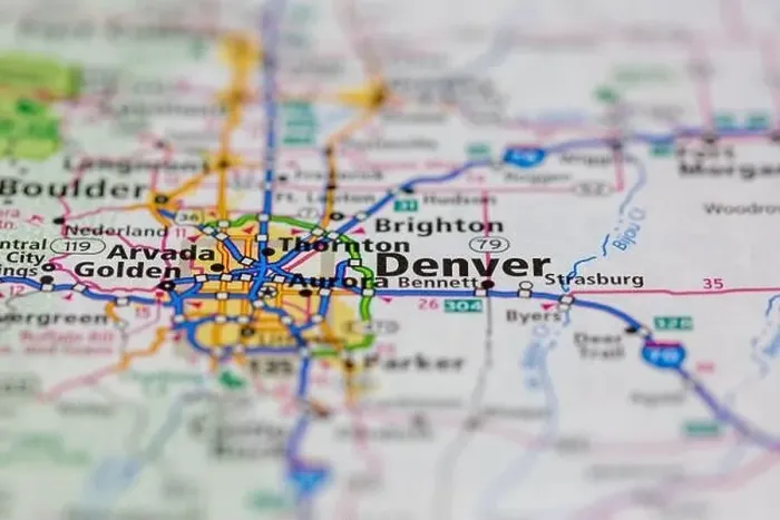Framed Print : Denver Colorado USA and surrounding areas Shown on a road map or Geography map Framed Print : Denver Colorado USA and surrounding areas Shown on a road map or Geography map