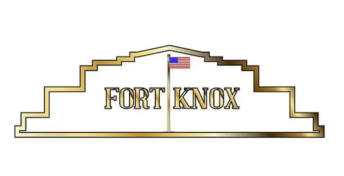 Framed Print : Depiction of Fork Knox in golden outline and isolated on white Framed Print : Depiction of Fork Knox in golden outline and isolated on white