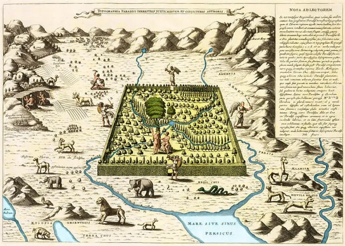 Framed Print : A depiction of the Garden of Eden and 'topography of the earthly paradise' by Athanasius Kircher (1602-1680) Framed Print : A depiction of the Garden of Eden and 'topography of the earthly paradise' by Athanasius Kircher (1602-1680)