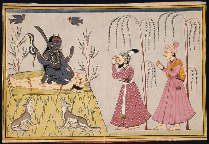 Framed Print : A depiction of Raja Surma Sen and his attendant Nagatu performing a ritual to worship the Goddess Kali Framed Print : A depiction of Raja Surma Sen and his attendant Nagatu performing a ritual to worship the Goddess Kali