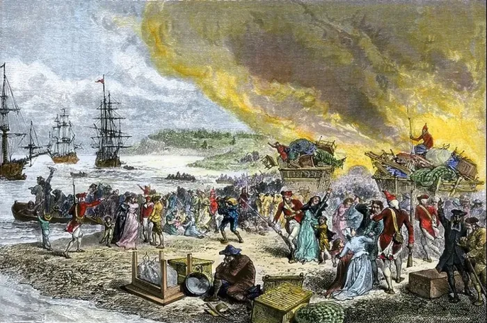 Framed Print : Deportation of the French Acadians by the British 1755. Hand-colored woodcut Framed Print : Deportation of the French Acadians by the British 1755. Hand-colored woodcut