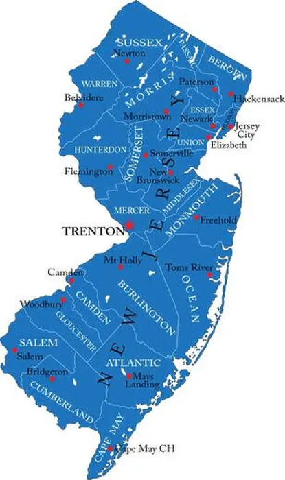 Framed Print : Detailed map of New Jersey state, in vector format, with county borders and major cities Framed Print : Detailed map of New Jersey state, in vector format, with county borders and major cities