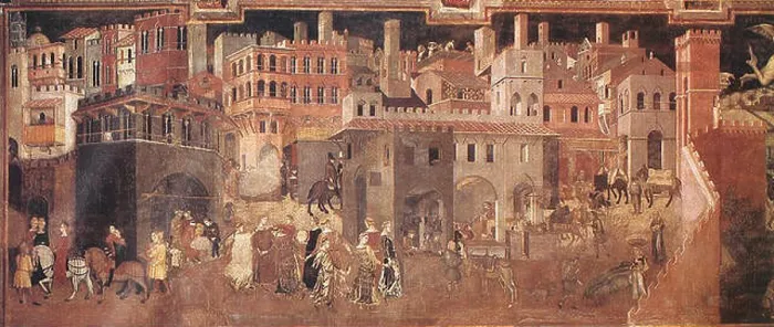 Framed Print : This detailed section of Ambrogio Lorenzetti's Effects of Good Government on the City Life illustrates the positive Framed Print : This detailed section of Ambrogio Lorenzetti's Effects of Good Government on the City Life illustrates the positive