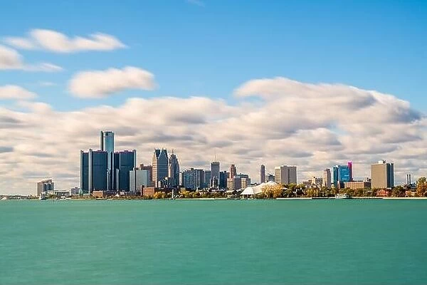 Detroit, Michigan, USA downtown city skyline on the Detroit River