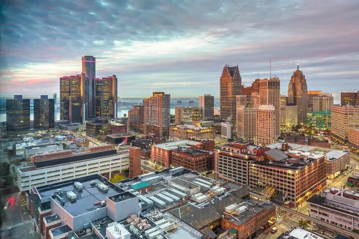 Framed Print : Detroit, Michigan, USA downtown skyline from above at dusk Framed Print : Detroit, Michigan, USA downtown skyline from above at dusk