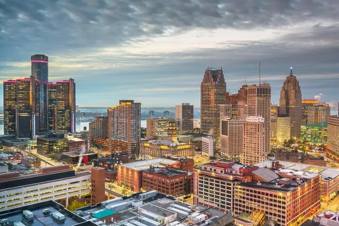 Framed Print : Detroit, Michigan, USA downtown skyline from above at dusk Framed Print : Detroit, Michigan, USA downtown skyline from above at dusk