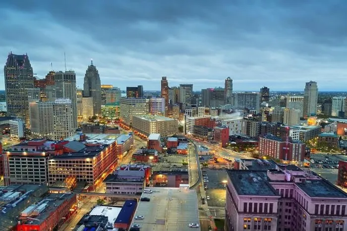 Framed Print : Detroit, Michigan, USA downtown skyline from above at dusk Framed Print : Detroit, Michigan, USA downtown skyline from above at dusk