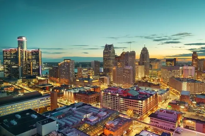 Framed Print : Detroit, Michigan, USA downtown skyline from above at dusk Framed Print : Detroit, Michigan, USA downtown skyline from above at dusk