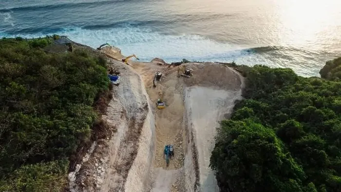 Framed Print : Development construction in Uluwatu, Bali. The work of escalators destruction of the rock Framed Print : Development construction in Uluwatu, Bali. The work of escalators destruction of the rock