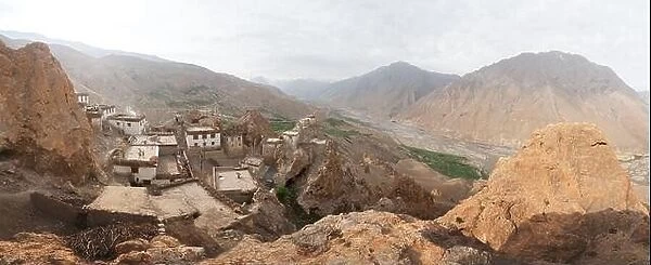 Dhankar village on a high cliff overlooking the confluence of Pin Rivers and Spiti Valley near Buddhist temple Dhankar Gompa at Himachal Pradesh