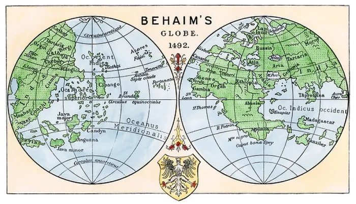 Framed Print : Diagram of globe by Martin Behaim, without the New World, created in 1492. Hand-colored woodcut Framed Print : Diagram of globe by Martin Behaim, without the New World, created in 1492. Hand-colored woodcut