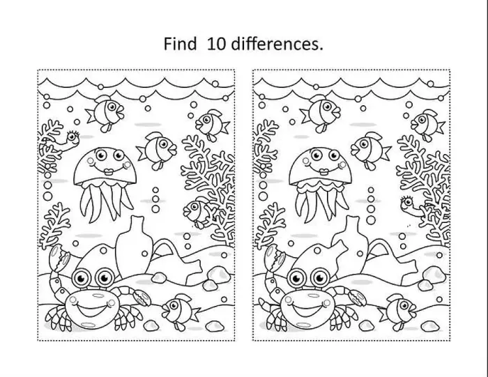 Framed Print : Find ten differences activity page with underwater life scene and amphorae Framed Print : Find ten differences activity page with underwater life scene and amphorae