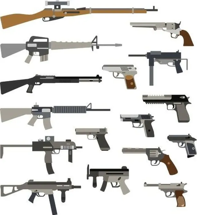 Framed Print : Different automatic weapons. Vector illustration of guns and pistols Framed Print : Different automatic weapons. Vector illustration of guns and pistols