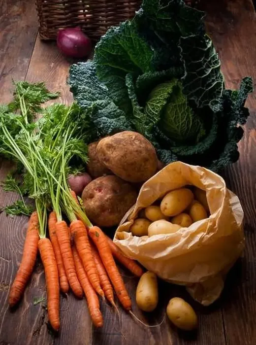 Framed Print : Different types of vegetables (carrots, potatoes, savoy cabbage, onions) Framed Print : Different types of vegetables (carrots, potatoes, savoy cabbage, onions)
