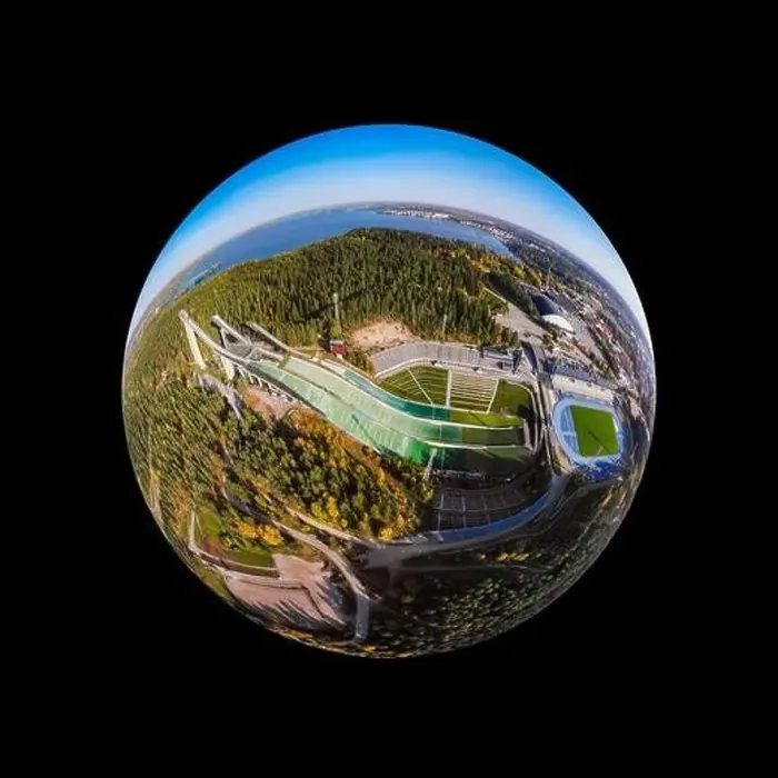 Framed Print : A three dimensional aerial panoramic view of Lahti sports centre with three ski jump towers Framed Print : A three dimensional aerial panoramic view of Lahti sports centre with three ski jump towers