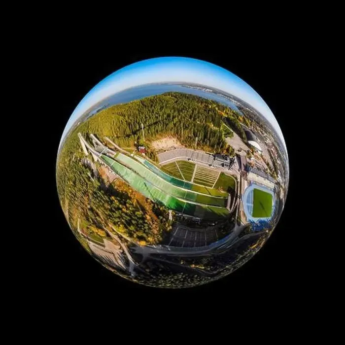 Framed Print : A three dimensional aerial panoramic view of Lahti sports centre with three ski jump towers