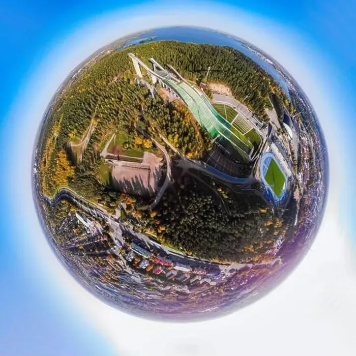 Framed Print : A three dimensional aerial panoramic view of Lahti sports centre with three ski jump towers Framed Print : A three dimensional aerial panoramic view of Lahti sports centre with three ski jump towers