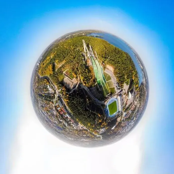Framed Print : A three dimensional aerial panoramic view of Lahti sports centre with three ski jump towers Framed Print : A three dimensional aerial panoramic view of Lahti sports centre with three ski jump towers