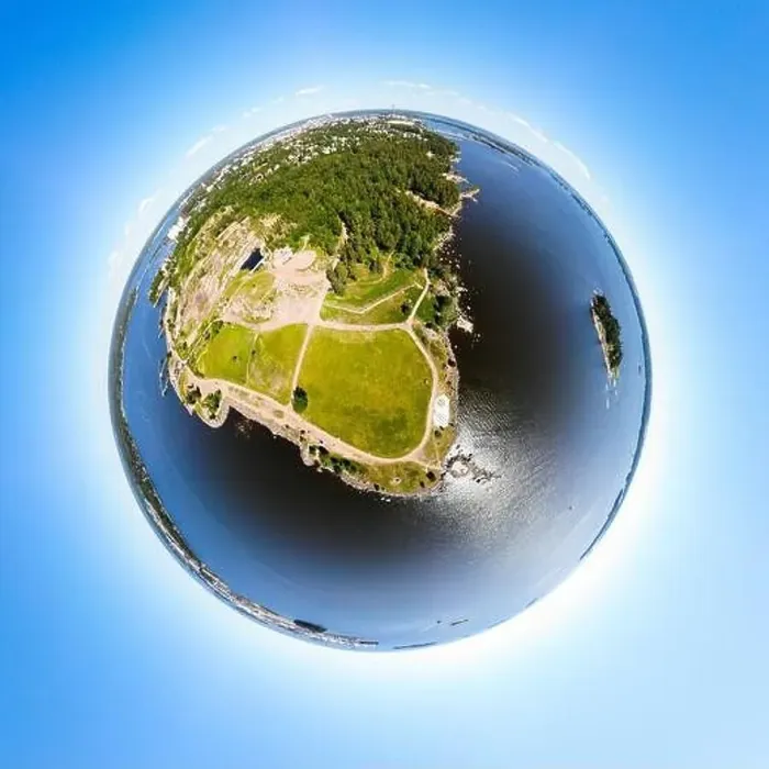 Framed Print : A three dimensional panoramic aerial view of Katariina Seaside Park in a mini planet panorama style. Kotka, Finland