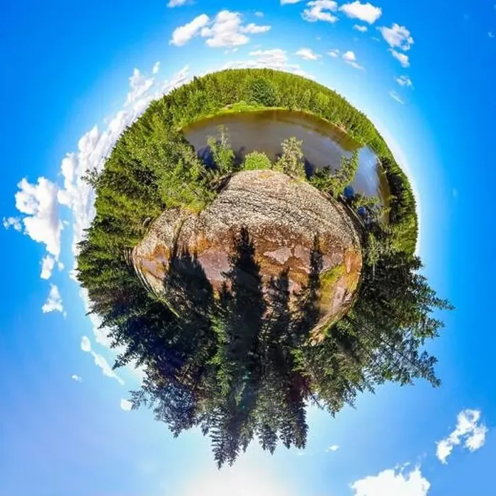 Framed Print : A three dimensional panoramic view of of rapid Ahvionkoski at Kymijoki river, Finland, in a mini planet panorama style