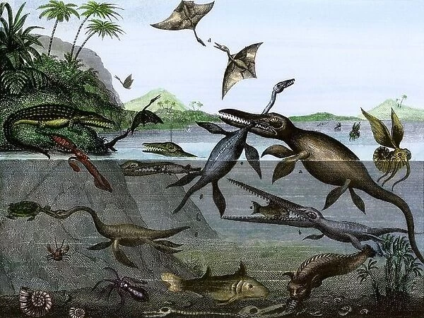 Dinosaurs of the sea, land, and air during the Age of Reptiles, a 19th-century depiction. Hand-colored engraving