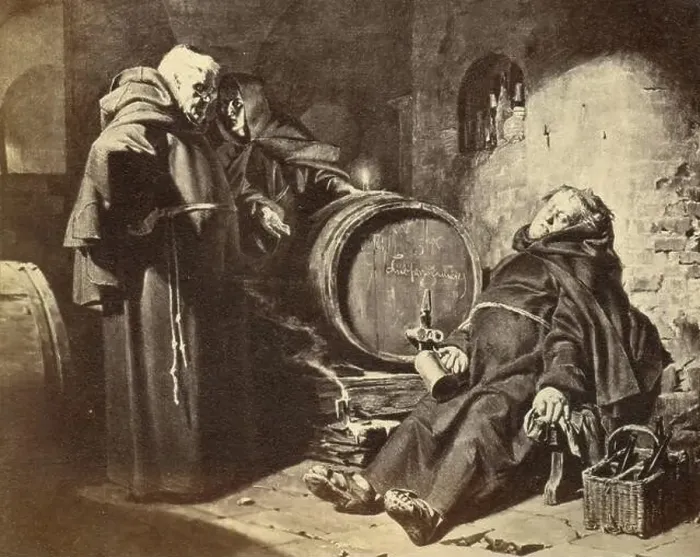 Framed Print : Discovering the drunken friar in the wine cellar, painting by unidentified artist, Italy 1880 Framed Print : Discovering the drunken friar in the wine cellar, painting by unidentified artist, Italy 1880