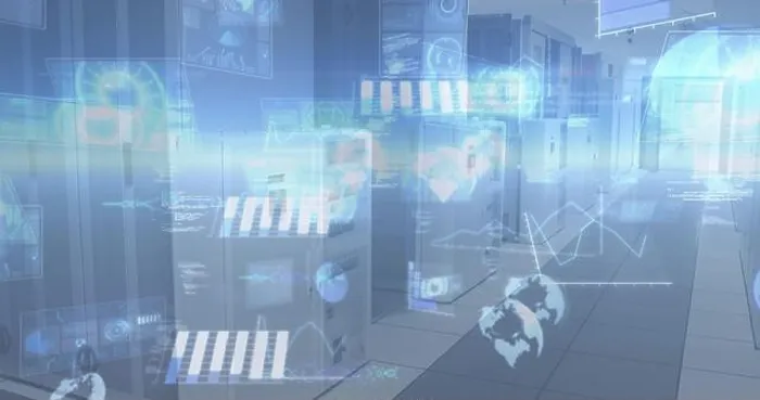 Framed Print : Displaying server bank projecting holographic charts in data center corridor, with LED lights Framed Print : Displaying server bank projecting holographic charts in data center corridor, with LED lights