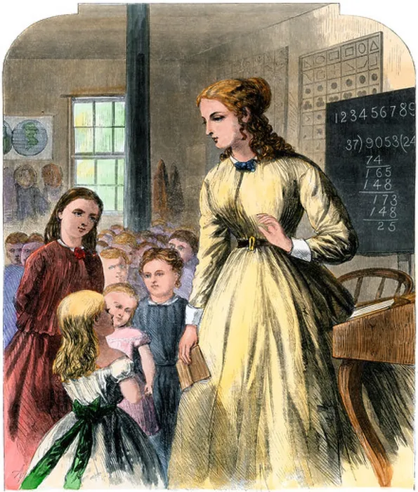 Framed Print : District teacher in a one-room school, mid-1800s. Hand-colored woodcut Framed Print : District teacher in a one-room school, mid-1800s. Hand-colored woodcut