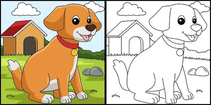 Framed Print : Dog Coloring Page Colored Illustration Framed Print : Dog Coloring Page Colored Illustration