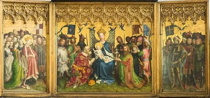 Framed Print : The Dombild Altarpiece, Cologne Cathedral (Altar of Three Magi) 1445 by Stefan Lochner Framed Print : The Dombild Altarpiece, Cologne Cathedral (Altar of Three Magi) 1445 by Stefan Lochner