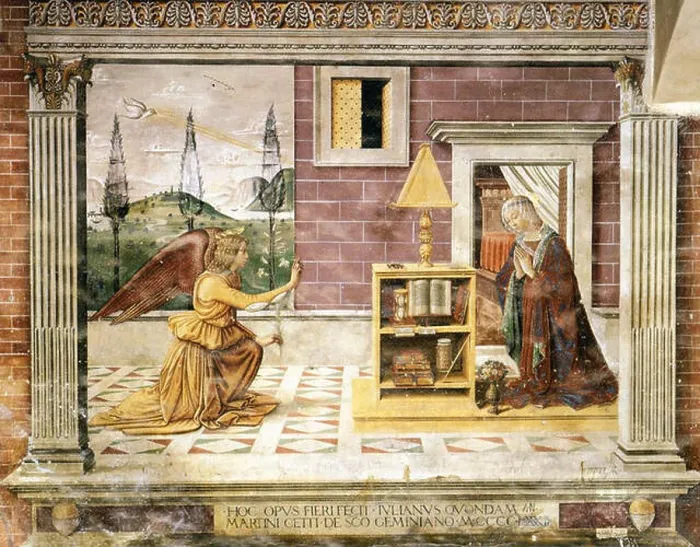 Framed Print : Domenico Ghirlandaio's 'Annunciation' depicts the biblical scene of the angel Gabriel announcing to Mary that she will