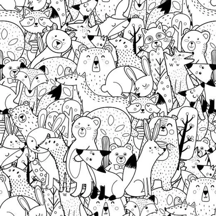 Framed Print : Doodle forest animals black and white seamless pattern. Funny coloring page Framed Print : Doodle forest animals black and white seamless pattern. Funny coloring page