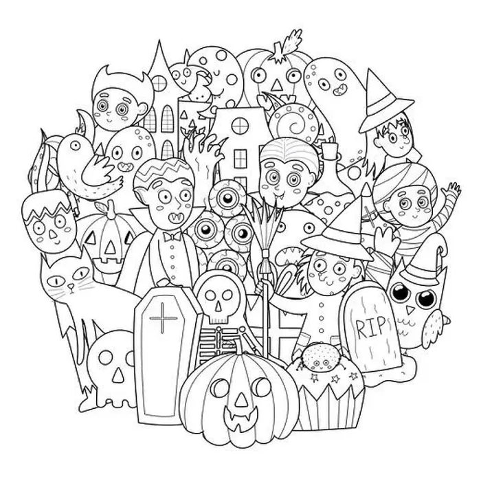 Framed Print : Doodle Halloween characters coloring page. Spooky circle shape print. Halloween black and white mandala