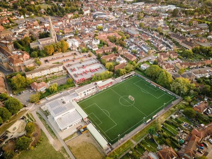 Framed Print : Dorking, Surrey, UK- Aerial view of Dorking Wanderers FC stadium